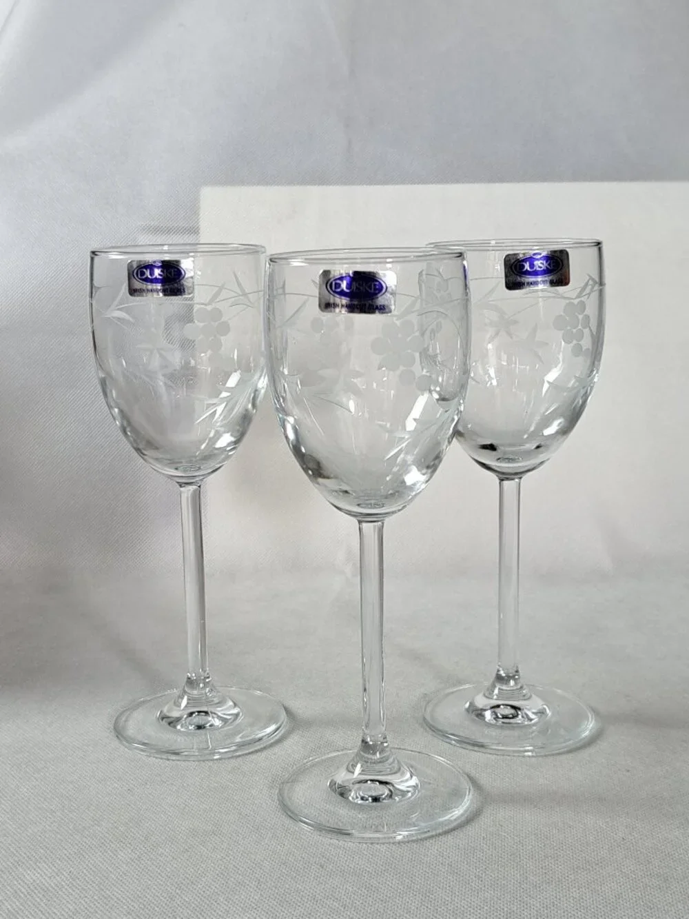 Duiske Irish Handcut Glasses Set of Three Grape Pattern with tags Small Wine ?